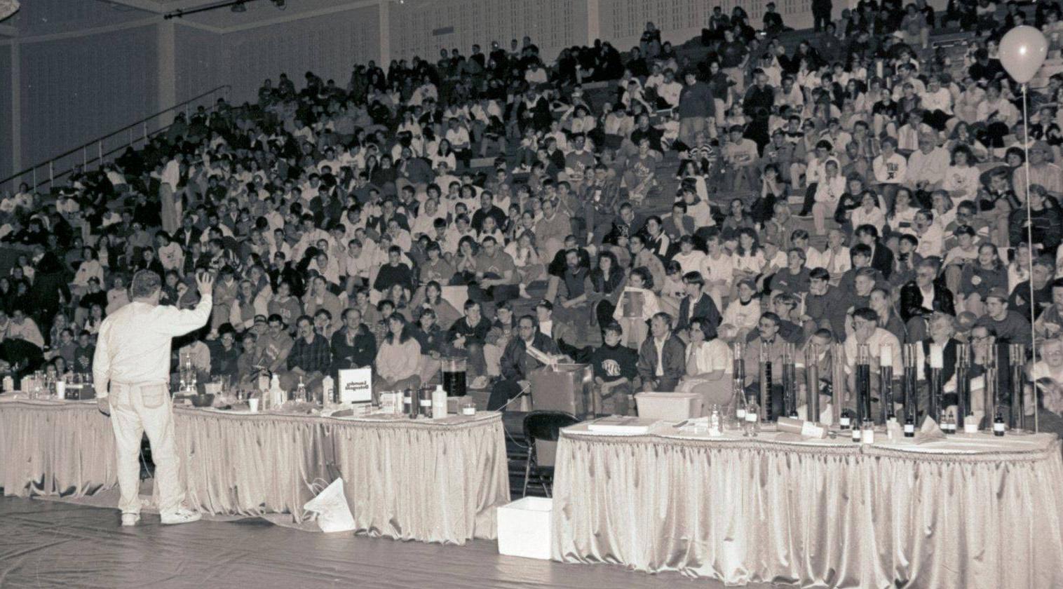 Vintage Science Olympiad crowd on bleachers